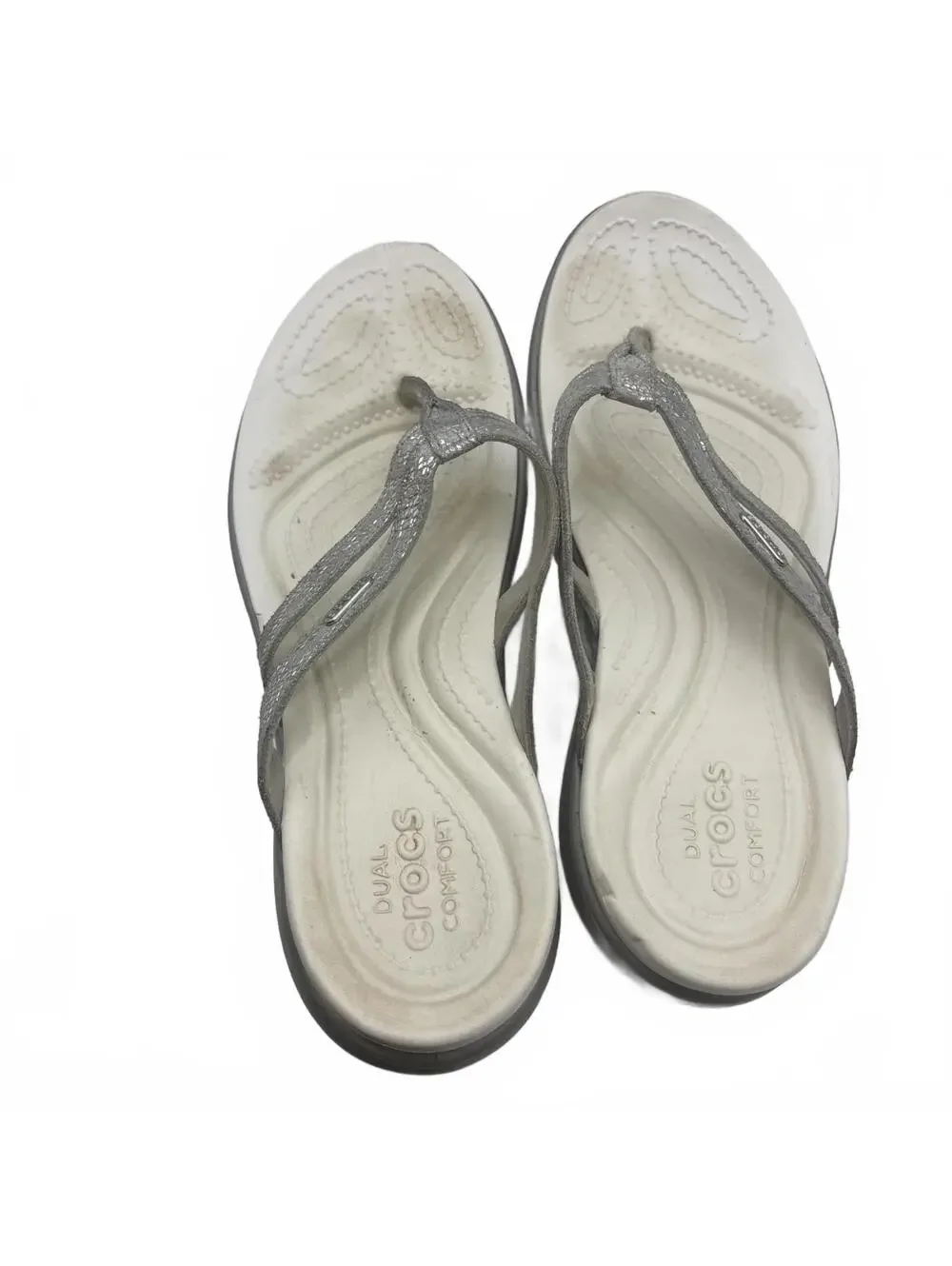 Crocs Capri V Strappy Flip Flops White Silver Shimmer Sandals Women's Size 10